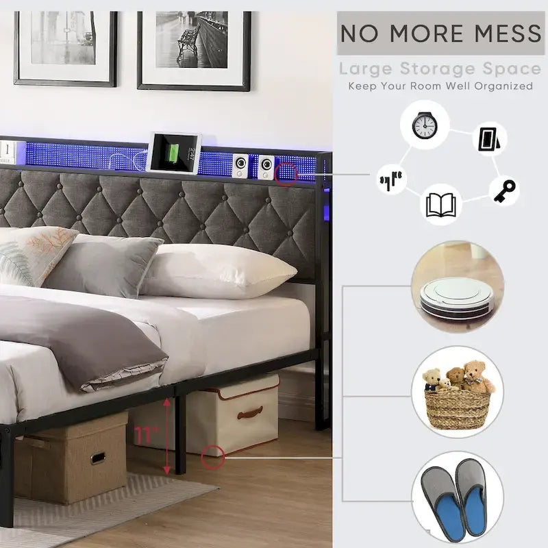 Platform Bed Frame with Storage Headboard, Charging Station and LED Lights