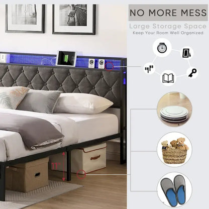 Platform Bed Frame with Storage Headboard, Charging Station and LED Lights
