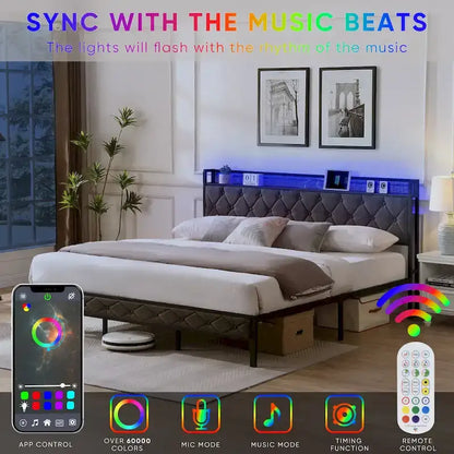 Platform Bed Frame with Storage Headboard, Charging Station and LED Lights