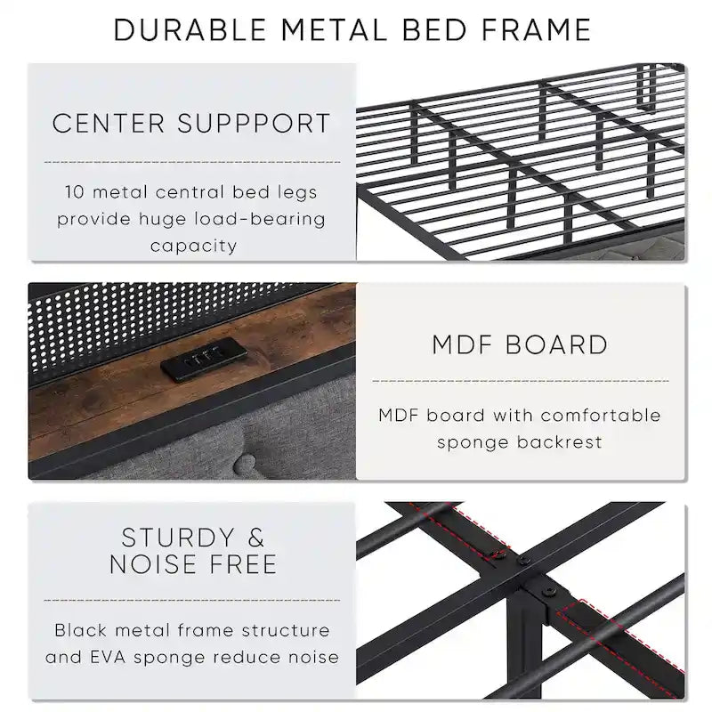 Platform Bed Frame with Storage Headboard, Charging Station and LED Lights