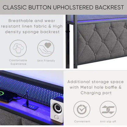 Platform Bed Frame with Storage Headboard, Charging Station and LED Lights