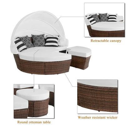Ledel Wicker Outdoor Daybed 5-piece Sectional Sofa Set With Retractable Canopy and Cushions
