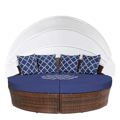 Ledel Wicker Outdoor Daybed 5-piece Sectional Sofa Set With Retractable Canopy and Cushions