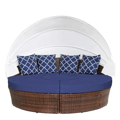 Ledel Wicker Outdoor Daybed 5-piece Sectional Sofa Set With Retractable Canopy and Cushions