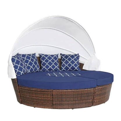Ledel Wicker Outdoor Daybed 5-piece Sectional Sofa Set With Retractable Canopy and Cushions