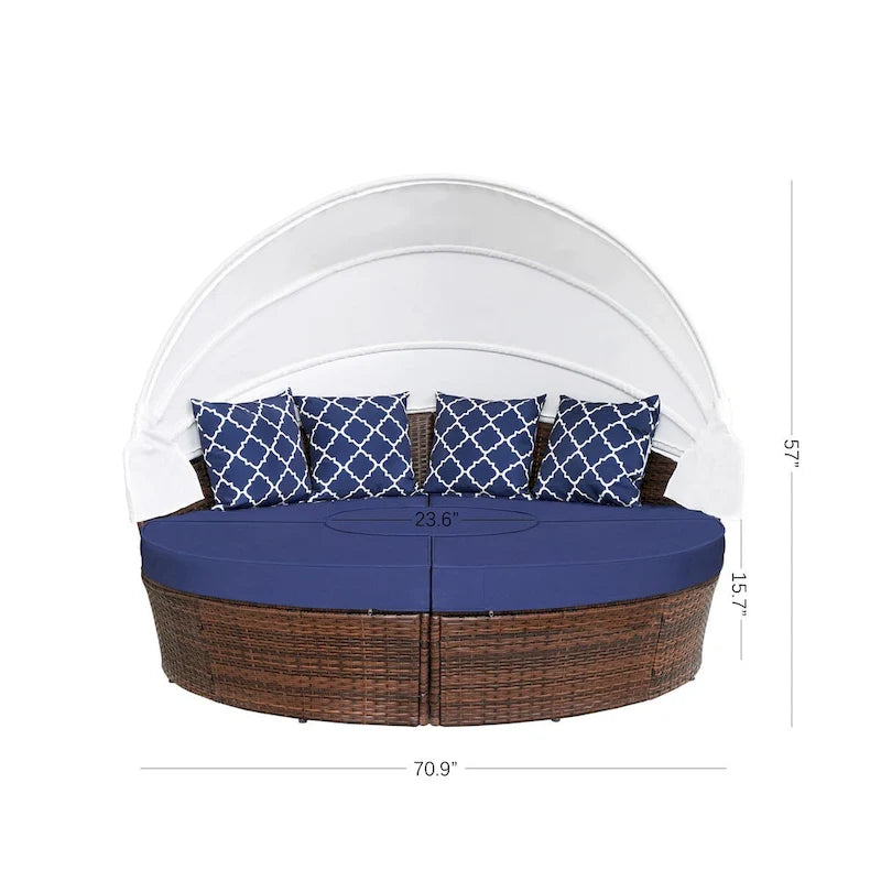 Ledel Wicker Outdoor Daybed 5-piece Sectional Sofa Set With Retractable Canopy and Cushions