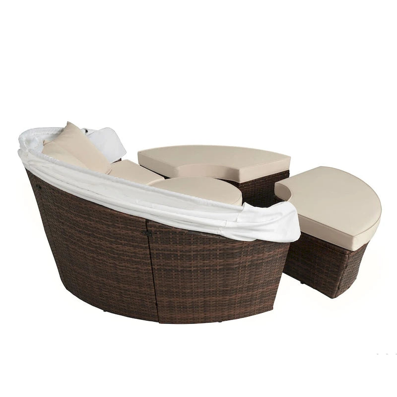 Ledel Wicker Outdoor Daybed 5-piece Sectional Sofa Set With Retractable Canopy and Cushions
