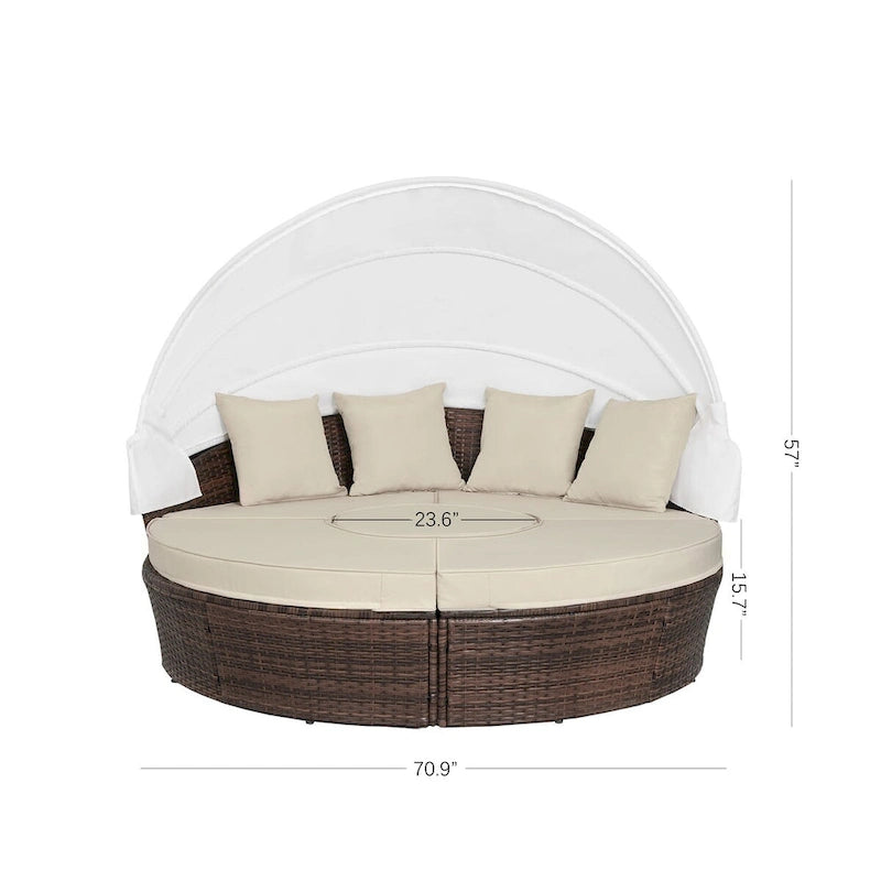 Ledel Wicker Outdoor Daybed 5-piece Sectional Sofa Set With Retractable Canopy and Cushions