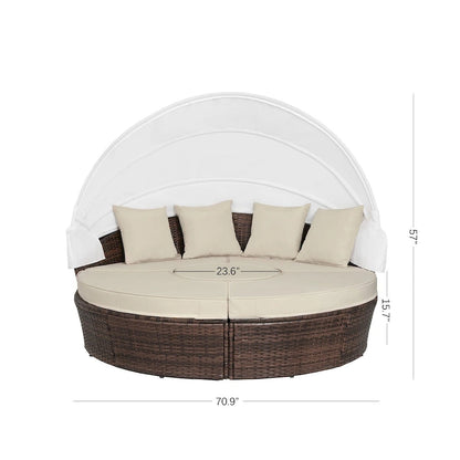 Ledel Wicker Outdoor Daybed 5-piece Sectional Sofa Set With Retractable Canopy and Cushions