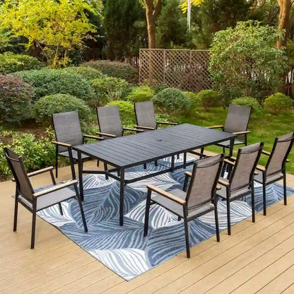 Set da pranzo da giardino MAISON ARTS da 9 pezzi con 8 sedie impilabili in textilene e 1 tavolo in metallo