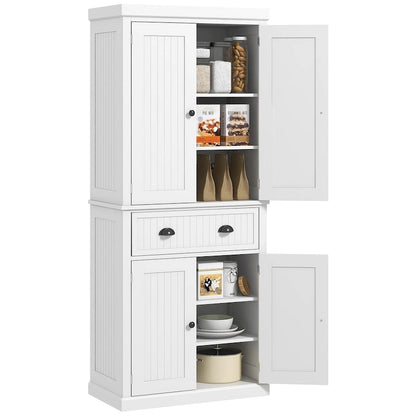 72  Kitchen Pantry Storage Cabinet, Traditional Freestanding Cabinet with 4 Doors and 3 Adjustable Shelves, Large Central Drawer