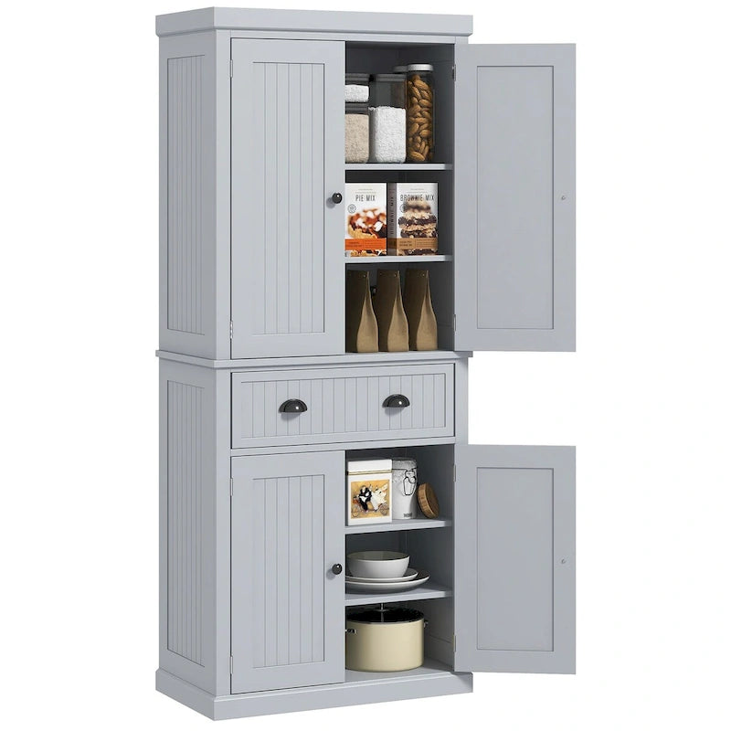 72  Kitchen Pantry Storage Cabinet, Traditional Freestanding Cabinet with 4 Doors and 3 Adjustable Shelves, Large Central Drawer