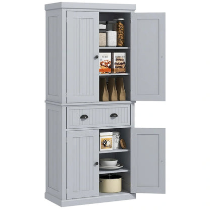 72  Kitchen Pantry Storage Cabinet, Traditional Freestanding Cabinet with 4 Doors and 3 Adjustable Shelves, Large Central Drawer
