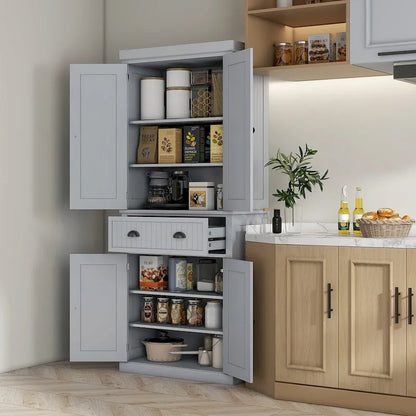 72  Kitchen Pantry Storage Cabinet, Traditional Freestanding Cabinet with 4 Doors and 3 Adjustable Shelves, Large Central Drawer