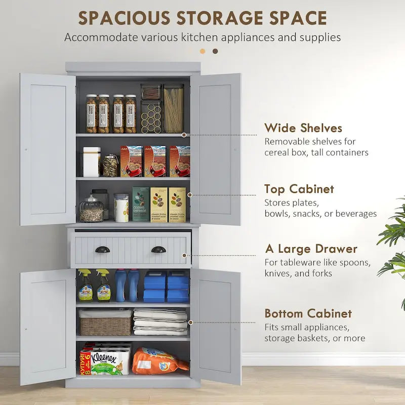 72  Kitchen Pantry Storage Cabinet, Traditional Freestanding Cabinet with 4 Doors and 3 Adjustable Shelves, Large Central Drawer