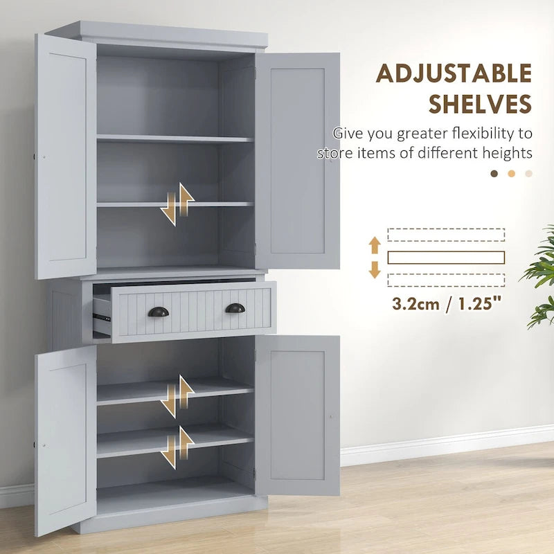 72  Kitchen Pantry Storage Cabinet, Traditional Freestanding Cabinet with 4 Doors and 3 Adjustable Shelves, Large Central Drawer