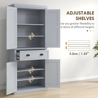 72  Kitchen Pantry Storage Cabinet, Traditional Freestanding Cabinet with 4 Doors and 3 Adjustable Shelves, Large Central Drawer