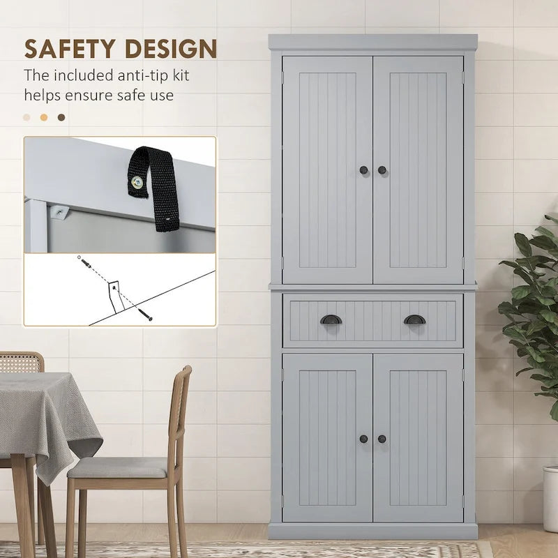 72  Kitchen Pantry Storage Cabinet, Traditional Freestanding Cabinet with 4 Doors and 3 Adjustable Shelves, Large Central Drawer
