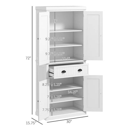 72  Kitchen Pantry Storage Cabinet, Traditional Freestanding Cabinet with 4 Doors and 3 Adjustable Shelves, Large Central Drawer