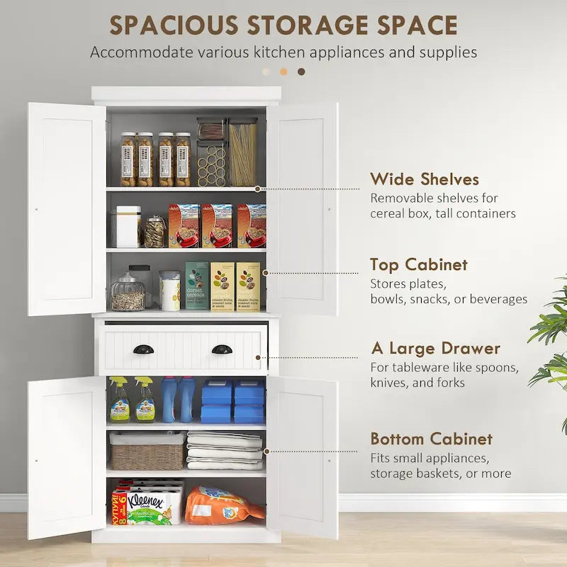 72  Kitchen Pantry Storage Cabinet, Traditional Freestanding Cabinet with 4 Doors and 3 Adjustable Shelves, Large Central Drawer