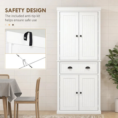 72  Kitchen Pantry Storage Cabinet, Traditional Freestanding Cabinet with 4 Doors and 3 Adjustable Shelves, Large Central Drawer
