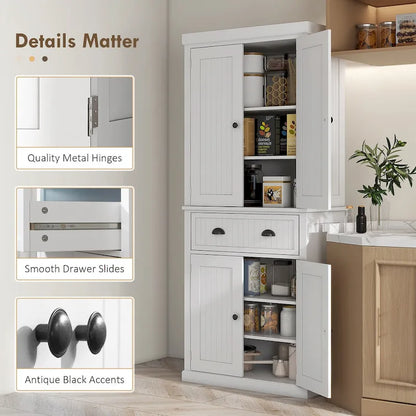 72  Kitchen Pantry Storage Cabinet, Traditional Freestanding Cabinet with 4 Doors and 3 Adjustable Shelves, Large Central Drawer