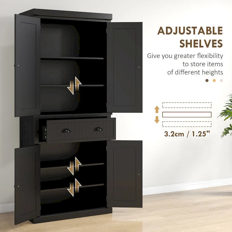 72  Kitchen Pantry Storage Cabinet, Traditional Freestanding Cabinet with 4 Doors and 3 Adjustable Shelves, Large Central Drawer