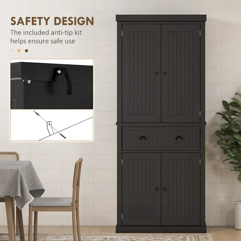 72  Kitchen Pantry Storage Cabinet, Traditional Freestanding Cabinet with 4 Doors and 3 Adjustable Shelves, Large Central Drawer