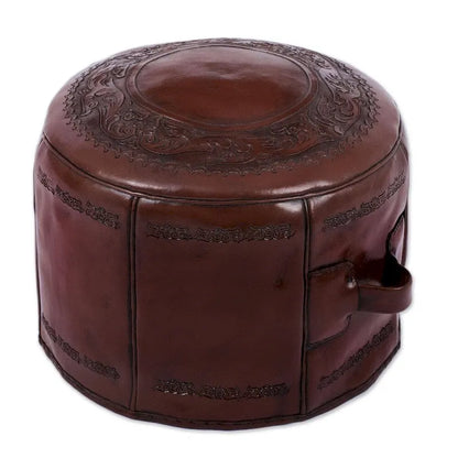 Handmade Spanish Elegance Tooled Leather Ottoman Pouf (Peru)
