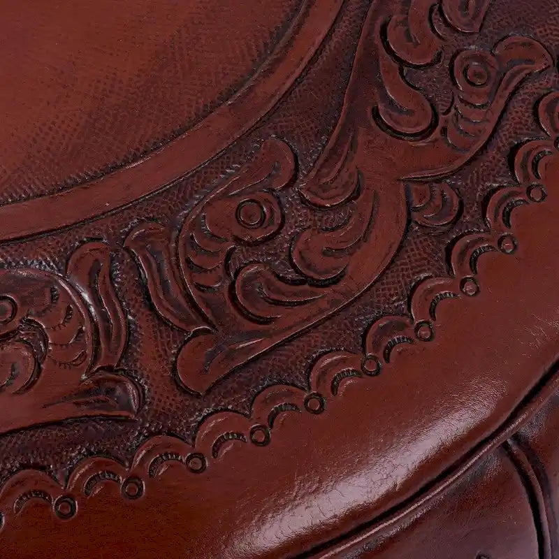 Handmade Spanish Elegance Tooled Leather Ottoman Pouf (Peru)