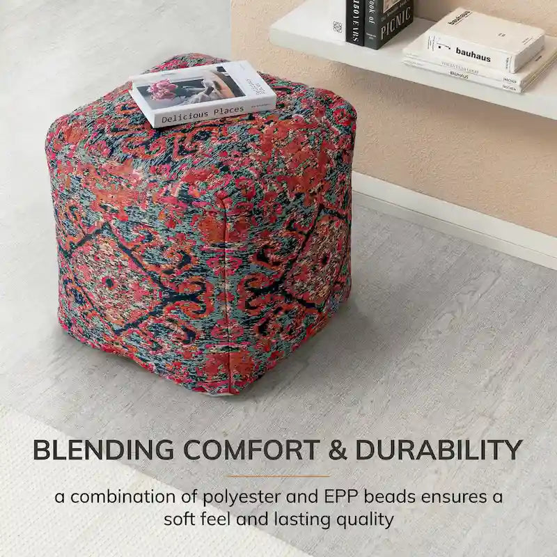 Jani Tofino Red 20-inch Multicolor Square Pouf Ottoman - Handmade Footrest for Living Room, Nursery