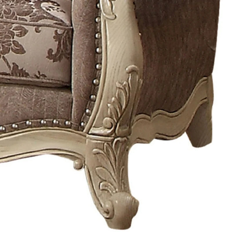 Scrolled Crown Top Fabric Loveseat with Cabriole Legs, Gray and White