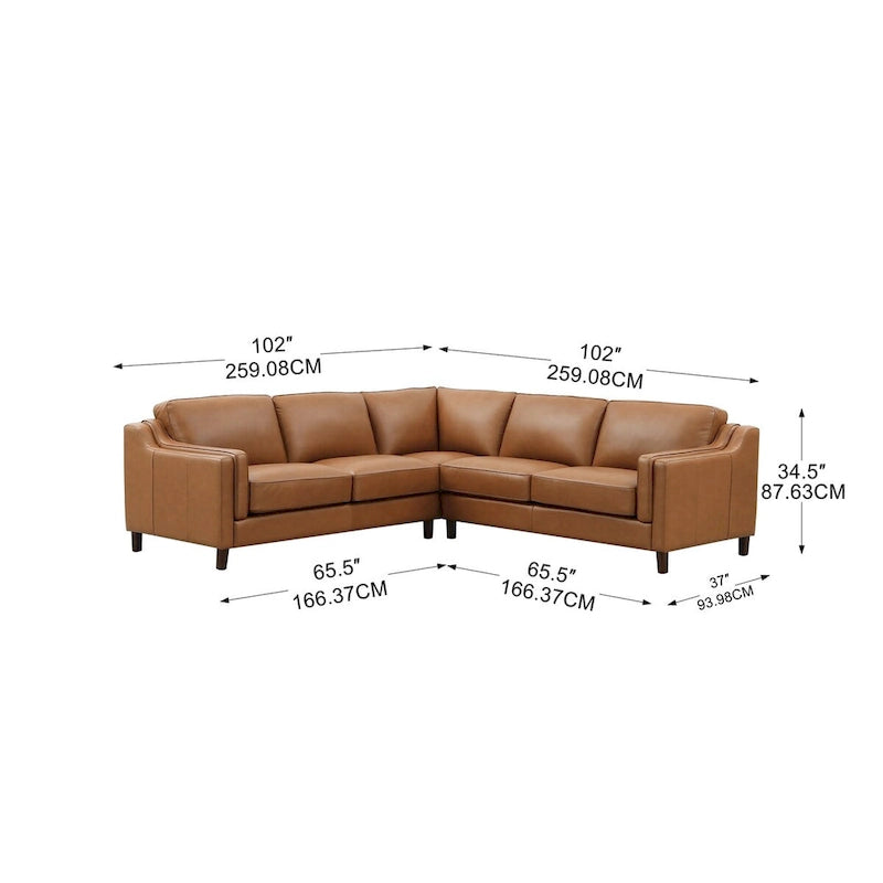 Hydeline Bella Top Grain Leather Symmetrical Sectional With Feather, Memory Foam and Springs