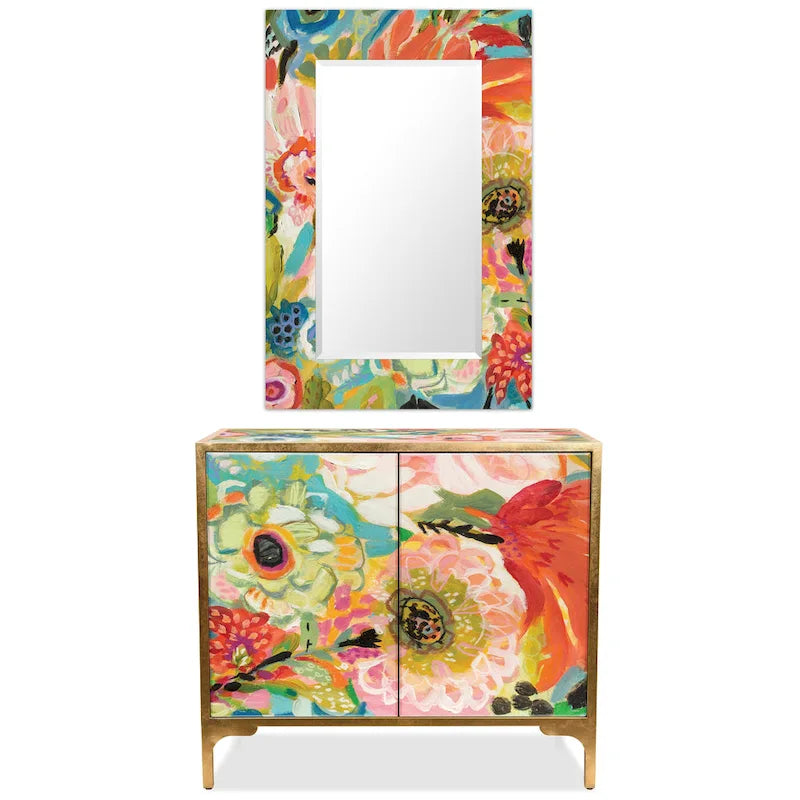  Secret Garden Floral  Reverse Printed Beveled Art Glass Cabinet Console Table and Mirror Set
