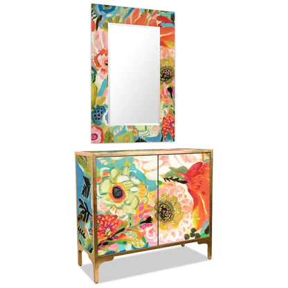 Secret Garden Floral  Reverse Printed Beveled Art Glass Cabinet Console Table and Mirror Set