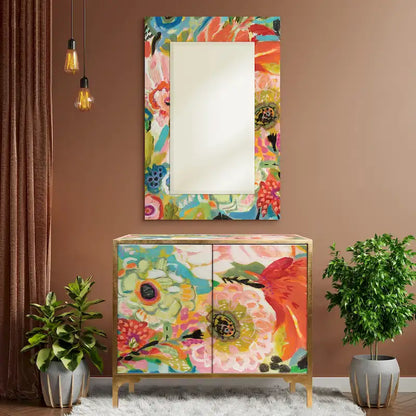 Secret Garden Floral  Reverse Printed Beveled Art Glass Cabinet Console Table and Mirror Set