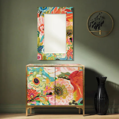 Secret Garden Floral  Reverse Printed Beveled Art Glass Cabinet Console Table and Mirror Set