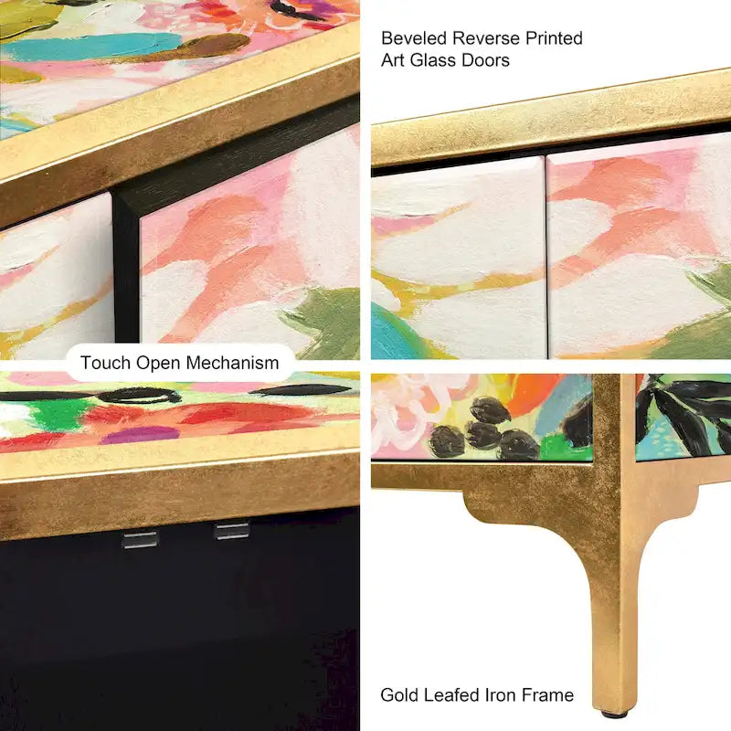 Secret Garden Floral  Reverse Printed Beveled Art Glass Cabinet Console Table and Mirror Set