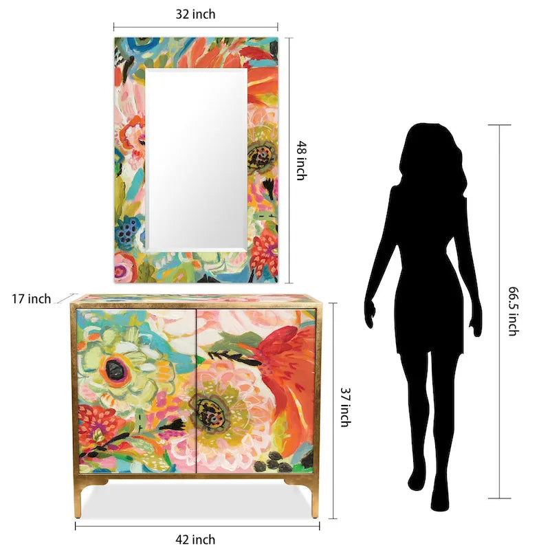 Secret Garden Floral  Reverse Printed Beveled Art Glass Cabinet Console Table and Mirror Set