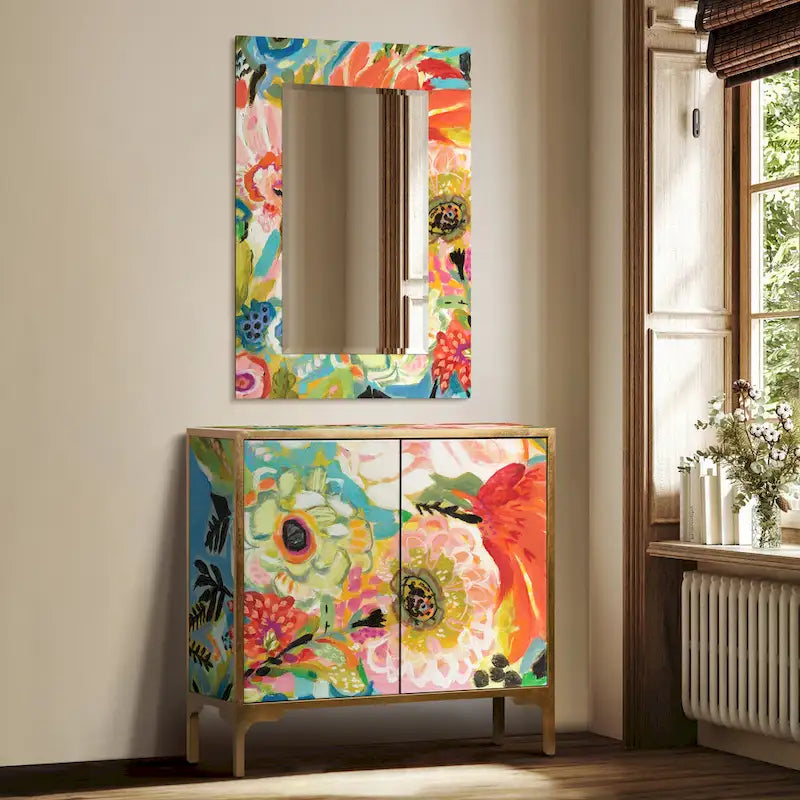 Secret Garden Floral  Reverse Printed Beveled Art Glass Cabinet Console Table and Mirror Set