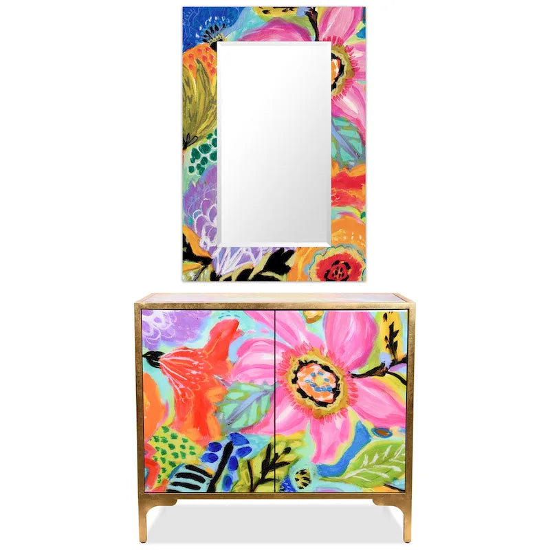 Secret Garden Floral  Reverse Printed Beveled Art Glass Cabinet Console Table and Mirror Set