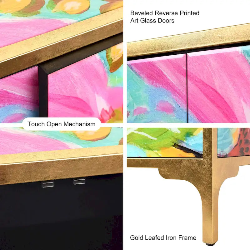 Secret Garden Floral  Reverse Printed Beveled Art Glass Cabinet Console Table and Mirror Set