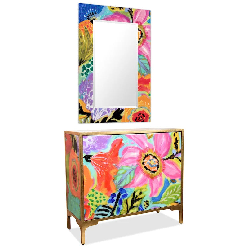 Secret Garden Floral  Reverse Printed Beveled Art Glass Cabinet Console Table and Mirror Set
