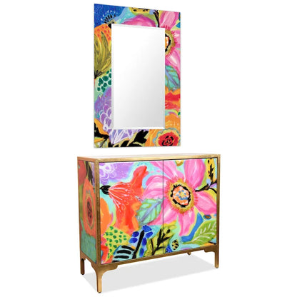Secret Garden Floral  Reverse Printed Beveled Art Glass Cabinet Console Table and Mirror Set