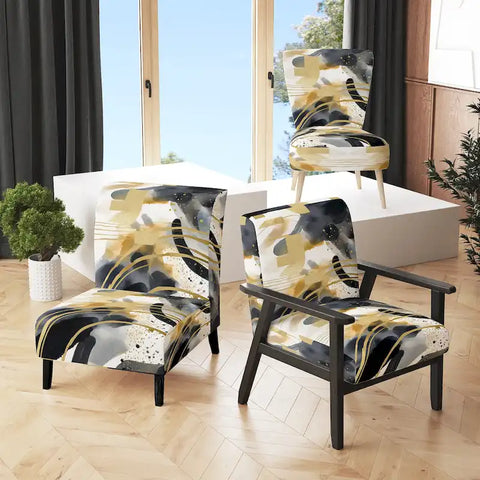 Designart  Pastel Abstract With Blue Black & Gold Spots III  Upholstered Fractals Accent Chair and Modern Arm Chair