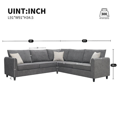 Modern Upholstered L-Shaped Sectional Sofa Couch with 3 Pillows