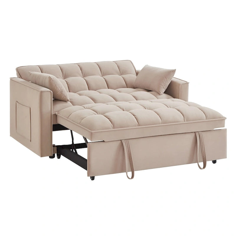 4 in1 Loveseat Sofa Bed with Armrests & Storage Pockets, Multi-Function Tufted Pull-out Sofa Bed with Adjustable Backrest