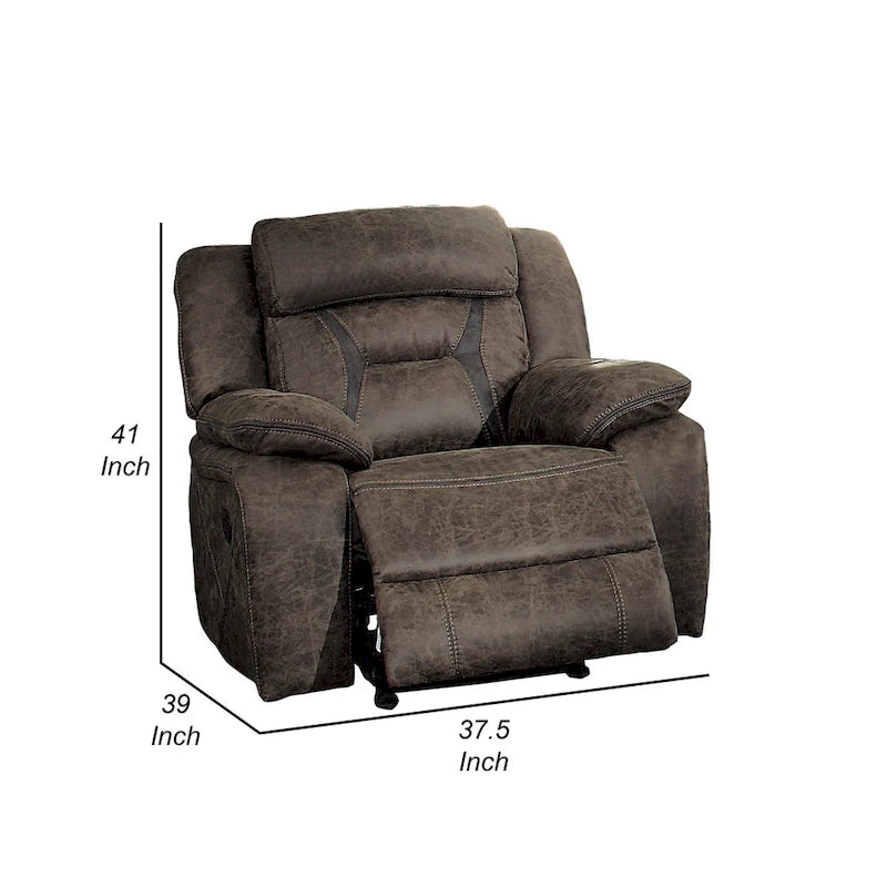 Mady 39 Inch Manual Glider Recliner Chair, Brown Microfiber, Solid Wood