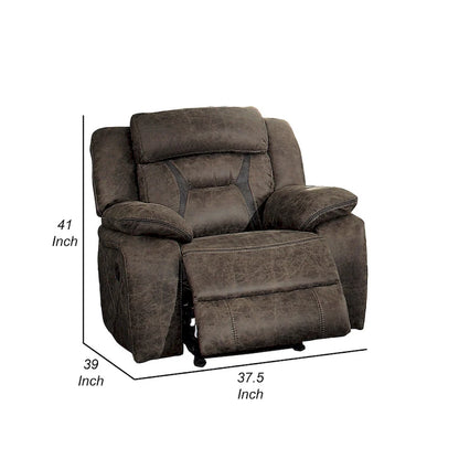 Mady 39 Inch Manual Glider Recliner Chair, Brown Microfiber, Solid Wood