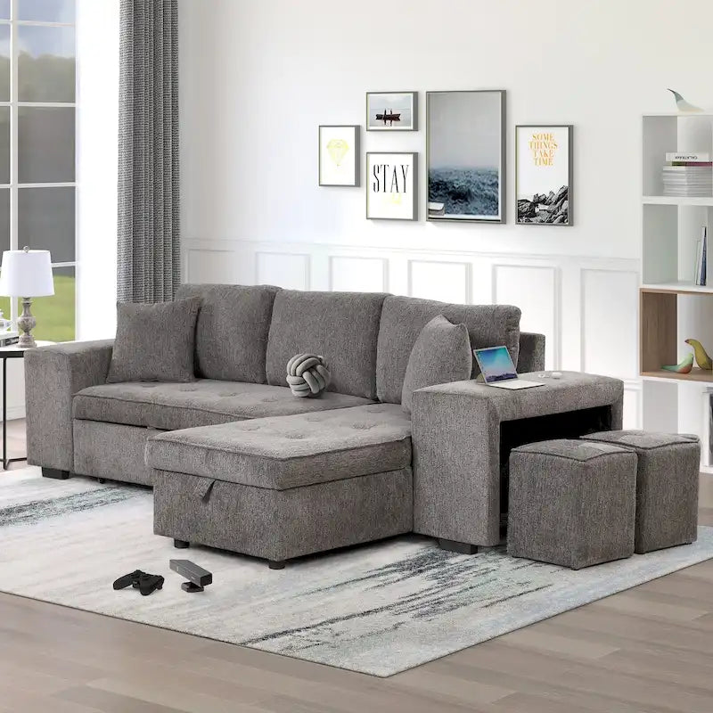 104  Modern L-Shape 3 Seat Reversible Sectional Couch, Pull Out Sleeper Sofa with Storage Chaise and 2 Stools
